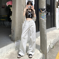 批发波点碎花牛仔长裤女夏季新款韩版<b class='q'>高腰</b>宽松百搭休闲直筒阔腿拖地裤