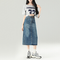 批发复古高腰牛仔<b class='q'>半身裙</b>女2026年早秋新款宽松显瘦后开叉A字中长裙子