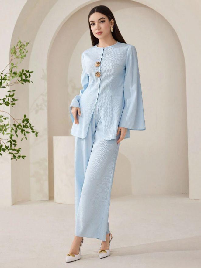 새로운 유럽과 미국 스타일 파란색 스트라이프 와이드 레그 팬츠 세트 여성 패션 출퇴근 투피스 세트 레트로 국경 간 여성 의류