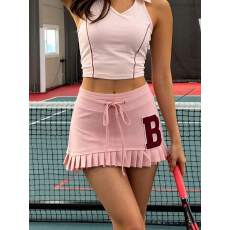 批发跨境<b class='q'>女装</b><b class='q'>欧美风</b>高腰抽绳荷叶边短裙健身运动a字外贸半身裙