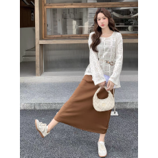 批发秋季大码女装针织修身背心中长款裙子<b class='q'>蕾丝</b>长袖束腰宽松上衣两件套