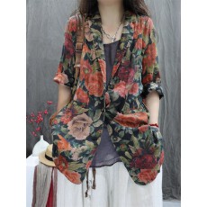 批发棉麻女装2025<b class='q'>夏</b>季新款印花复古宽松个性洋气休闲百搭长袖西服