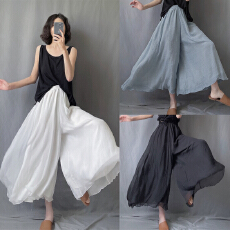 批发黑白松紧腰苎麻阔腿裤宽松瑜伽裤双层飘逸棉麻九分裤<b class='q'>裙裤</b>