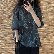 批发2026新款文艺复古棉麻印花圆领套头宽松<b class='q'>大码</b>显瘦百搭苎麻<b class='q'>上衣</b>女