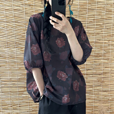 批发2026新款文艺复古棉麻印花圆领套头宽松<b class='q'>大码</b>显瘦百搭苎麻<b class='q'>上衣</b>女