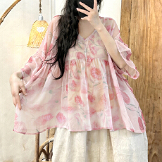 批发大码女装2026新款夏装雪纺印花V领<b class='q'>喇叭袖</b>上衣显瘦减龄遮肚娃娃衫