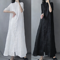 批发文艺宽松苎麻长款衬衫裙翻领宽松飘逸通透连衣裙秋新款