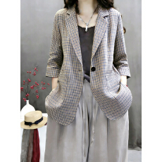 批发2026文艺清新宽松短款千鸟格图案一粒扣小西装百搭小外套