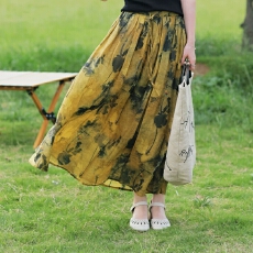 批发2025春夏新品棉麻水墨印花褶腰绳A字显瘦半身裙