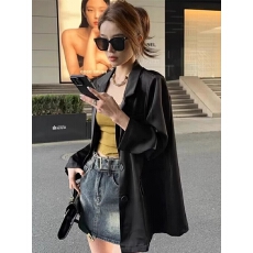 批发黑色醋酸<b class='q'>西装外套</b><b class='q'>女</b>薄款2026春夏新款高级感垂感长袖防晒西服上衣