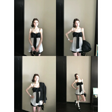 批发Skk Store jennie山茶香氛 小香<b class='q'>真丝</b>桑蚕丝撞色拼接蝴蝶结吊带女