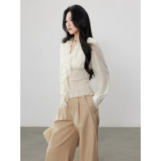 批发誉芝yuzhi 气质优雅<b class='q'>波点</b><b class='q'>雪纺</b><b class='q'>衫</b>春季新款飘带V领收腰显瘦长袖上衣