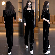 批发<b class='q'>大码</b>黑色时尚套装女2026气质高级感丝绒上衣阔腿裤春季穿搭一整套