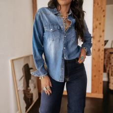 批发欧美跨境亚马逊秋季  个性<b class='q'>街头</b>翻领单排扣女式长袖牛仔衬衣