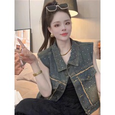 批发港风复古设计感烫钻毛边翻领牛仔马甲衬衫女2026夏季外穿别致上衣