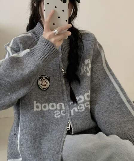 있음 선적 슈퍼 무거운 작업 야구 바람 알파벳 지퍼 스웨터 오픈 가디건 여성 가을 겨울 새로운 루즈핏 니트 스웨터 재킷 트렌디