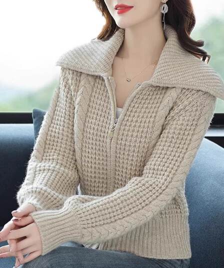 가을 겨울 새로운 하이웨이스트 지퍼 오픈 가디건 두꺼운 두꺼운 선 스웨터 코트 여성 짧은 작은 키 맨위