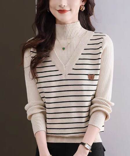 반하이넥 기본 셔츠 여성 가을 겨울철 인사이드 가져 가라. 수 있습니다. 외출용 스트라이프 외국 가스 맨위 페이크 레이어드 니트 20246 새로운