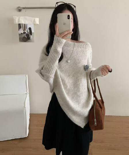 Ouyang 안녕하세요. 우아한 프라임 사람들 불규칙 느긋한 배트윙 소매 스웨터 여자 겨울 루즈핏 니트 망토 맨위