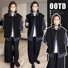 批发早秋新款秋季大码时尚<b class='q'>休闲</b>宽松百搭衬衫马甲两件套＋裤子三件套女