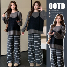 批发甜美风内搭针织打底衫吊带毛衣上衣➕针织<b class='q'>条纹</b>裤套装女