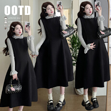 批发现 实拍秋冬加厚花边打底＋加厚毛呢花苞背心长裙套装女