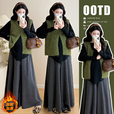 批发实拍现 洋气加厚不规则针织衫＋毛衣马甲＋裤裙三件套女