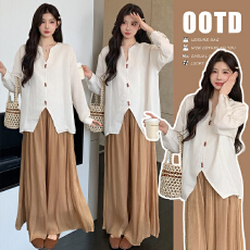 批发实拍现 春季薄款新中式长袖上衣＋压褶裤子两件套上衣女