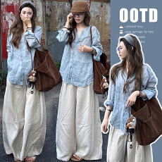 现 春季韩系简约气质宽松衬衫棉麻休闲长裤套装女