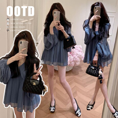 新款孕妇大码度假气质风蓝色衬衫韩系绝美小衫