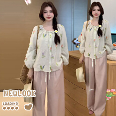 批发新款 孕妇大码刺绣娃娃衫上衣＋粉色直筒裤子套装女