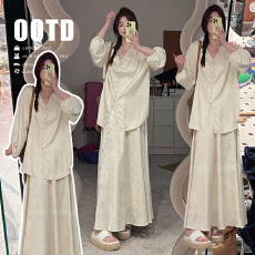 批发新款 <b class='q'>孕妇</b><b class='q'>大码</b>新中式暗纹团V领长袖上衣半身裙套装女