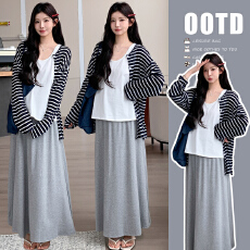 实拍现 早春新款孕妇慵懒风条纹开衫背心半身裙三件套女