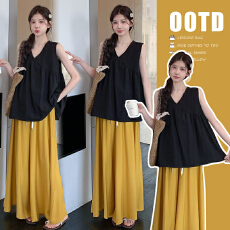 实拍 孕妇简约气质无袖背心＋阔腿裤子套装女