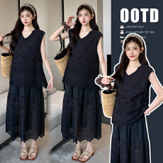 实拍 重工镂空花边长款半身裙两件套套装