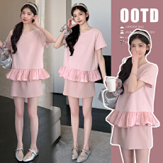 实拍  孕妇韩系甜美小众拼接上衣托腹短裙套装女