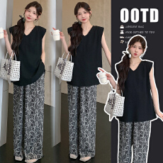 实拍 孕妇简约韩系宽肩上衣腰果花裤子套装女