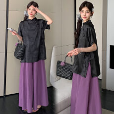 实拍 孕妇中式缎面上衣＋阔腿裤套装女