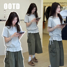 批发新款   孕妇设计感花边T ＋工装裤子套装女