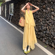 批发新款   孕妇大码韩系无袖背心飘带不规则半身裙套装女