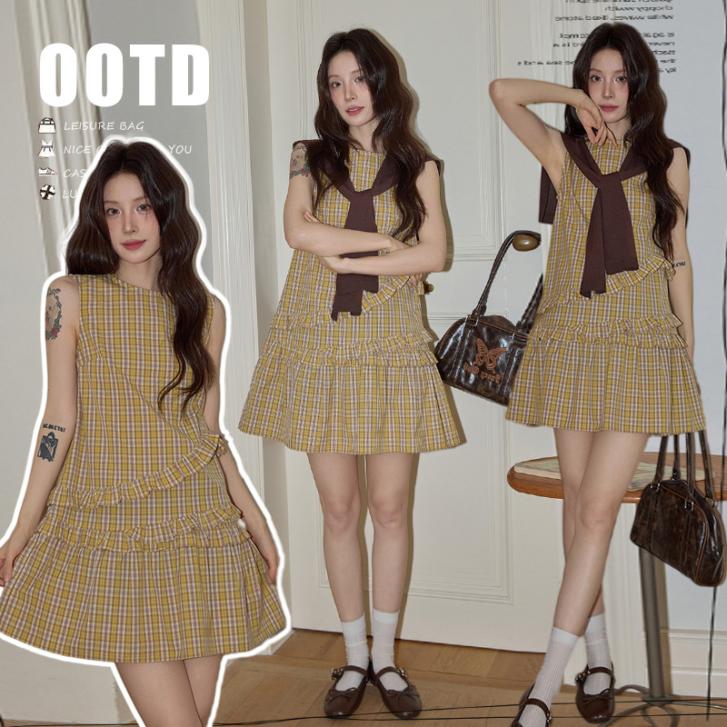지금 한 부서 체크무늬 민소매 드레스 숄 투피스 세트 치마