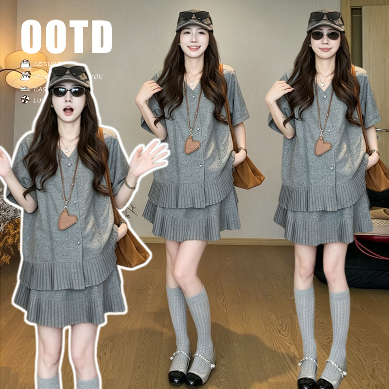 폭발 지금 한 부서 빅 사이즈 품격 작은 대중 꽃 연주 중 Pleat 맨위 플리츠 치마 세트 여성
