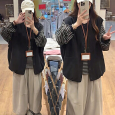 批发现  韩系慵懒风条纹T＋灯芯绒马甲＋阔腿裤子三件套套装