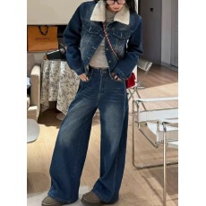 批发秋冬新款时尚洋气短款加绒加厚<b class='q'>牛仔</b>外套+阔腿长裤套装<b class='q'>女</b>小个子