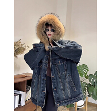 批发可拆卸毛领加绒水洗牛仔外套女2025冬季新款宽松加厚保暖夹克上衣