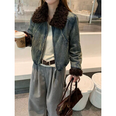 批发羊羔毛翻领牛仔外套女欧洲站冬季加厚小个子韩版法式复古短款上衣