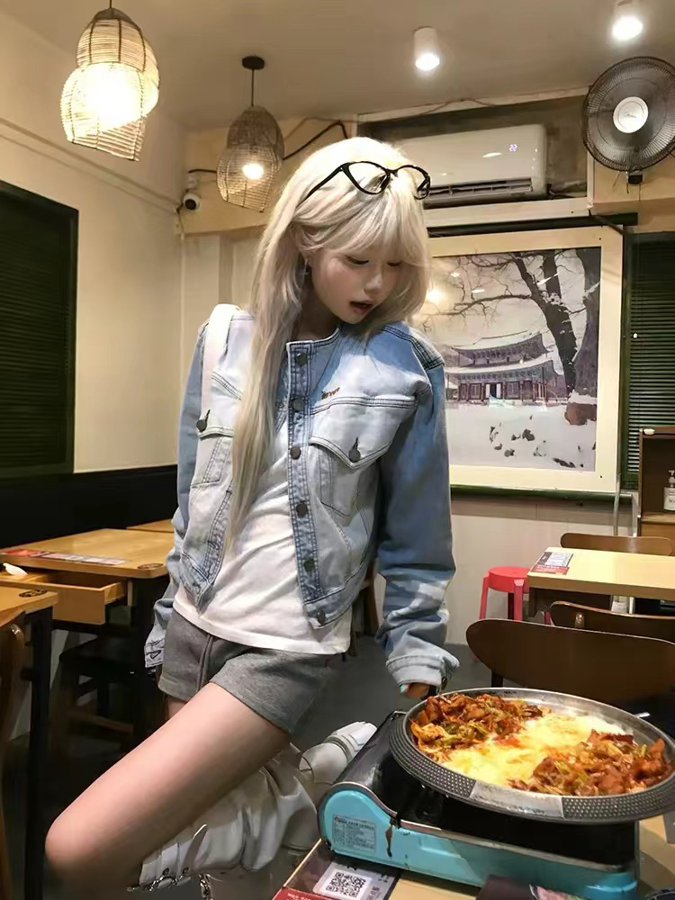 jmj 아메리칸 레트로 알파벳 자수 워싱 마 오래된 데님 재킷 남녀 루즈핏 캐주얼 세련된 긍정적 인 어깨 재킷