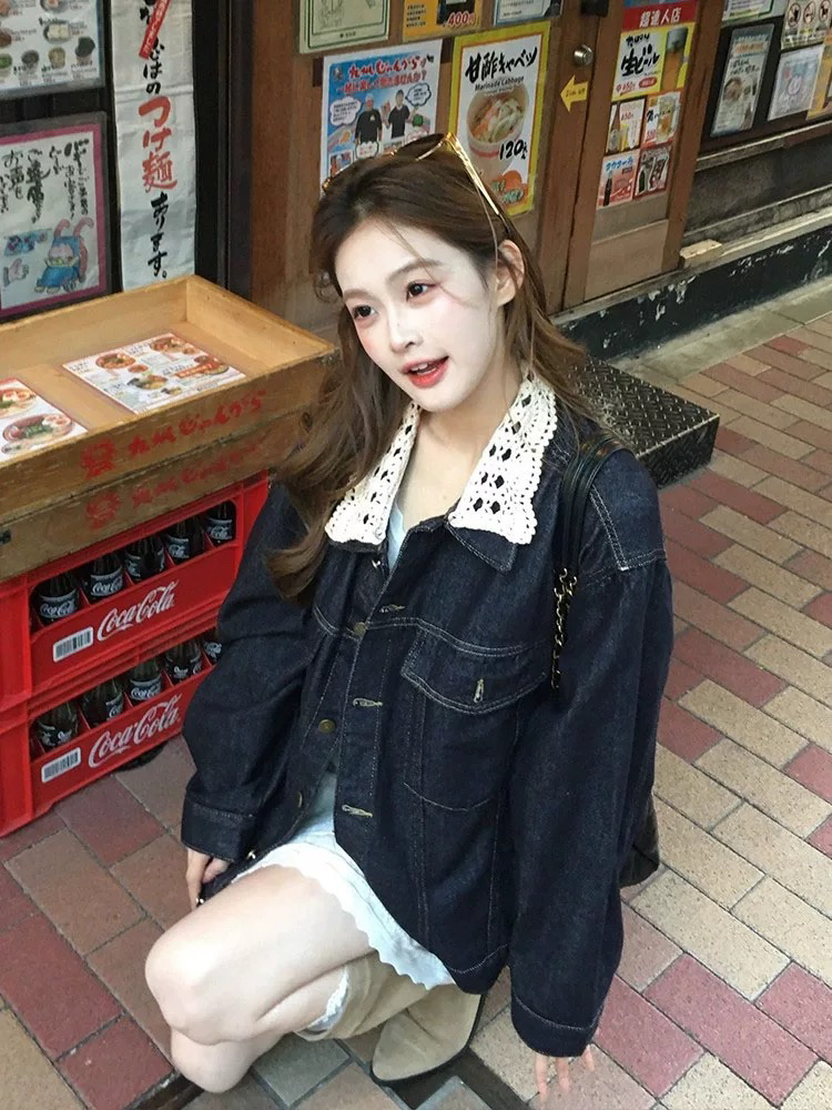 아메리칸 레트로 레이스 폴로 칼라 데님 여성 코트 2025 년 새로운 작은 대중 디자인 센스 캐주얼 재킷