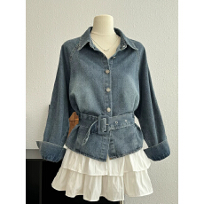 批发复古设计感翻领长袖衬衫牛仔外套女款春季新款宽松系带收腰短上衣