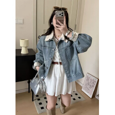 批发小个子春秋韩系复古<b class='q'>通勤</b>百搭宽松显瘦百搭领口花边可拆牛仔外套女